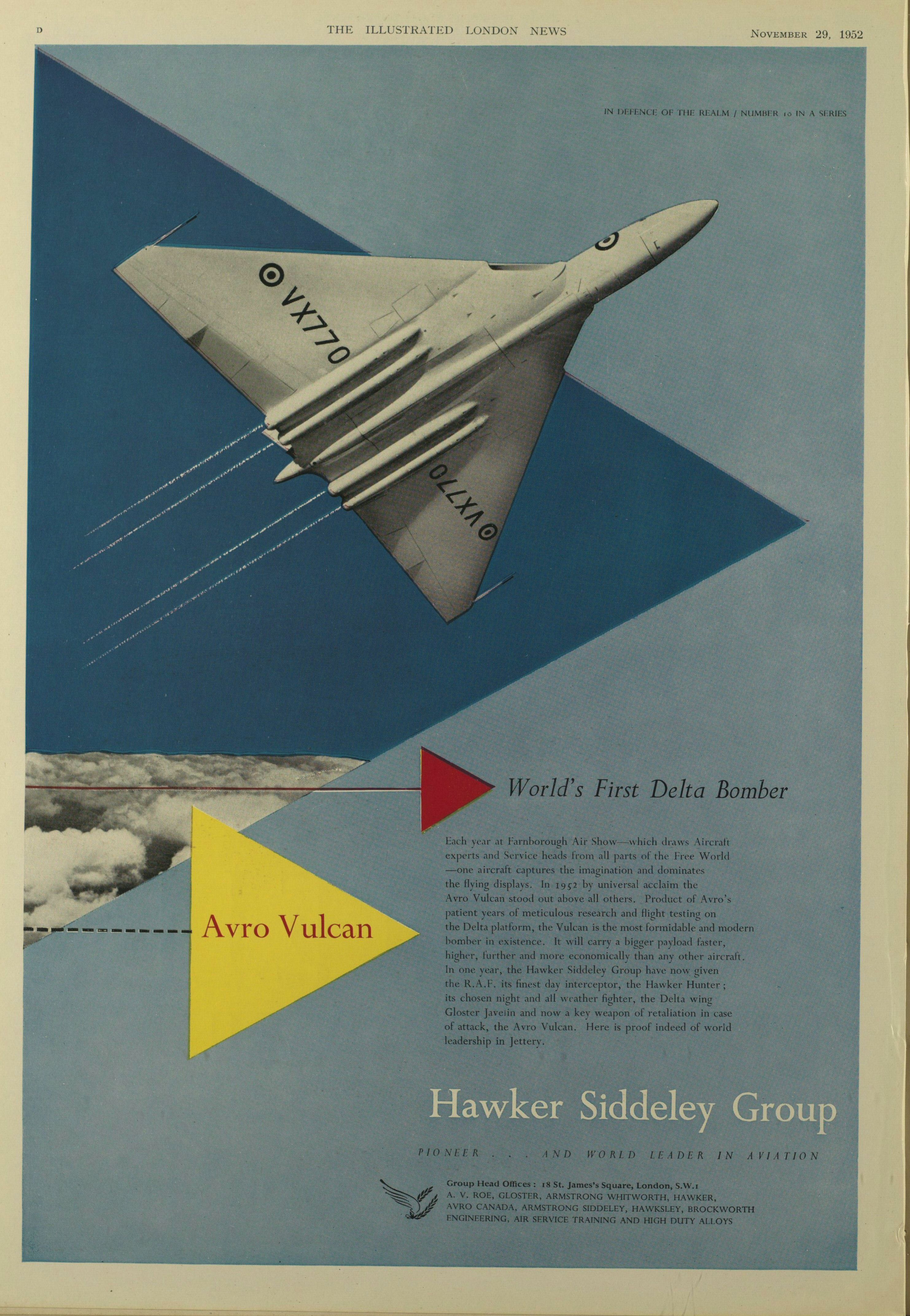 The clipping is an article from the Illustrated London News dated November 29, 1952. It focuses on the Avro Vulcan, the world's first delta bomber. This aircraft was acclaimed in 1952 for its advanced design and capabilities. The article highlights its development, superior speed, payload, and economy compared to other aircraft. It mentions other aircraft from the Hawker Siddeley Group, including the Hawker Hunter and Javelin. The clipping features an illustration of the Avro Vulcan in flight, showcasing its delta wing design.