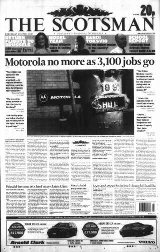 cover page of The Scotsman published on April 25, 2001